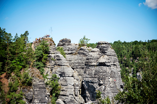 View of the rocks of Saxon Switzerland in the Elbe Sandstone Mountains, one of the most popular mountain ranges near Dresden.