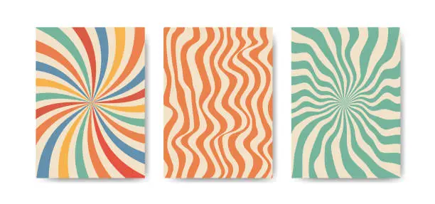 Vector illustration of Groovy retro backgrounds in 70s style set. Trendy psychedelic textures.