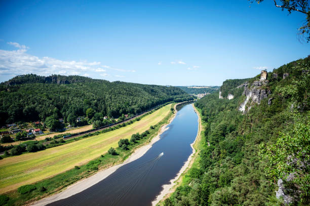 Saxon Switzerland with Elbe river Saxon Switzerland with a view of the Elbe near Rathen. elbe river stock pictures, royalty-free photos & images