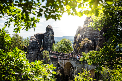 View of the Bastei Bridge in Saxon Switzerland, one of the most famous landmarks in the Elbe Sandstone Mountains.