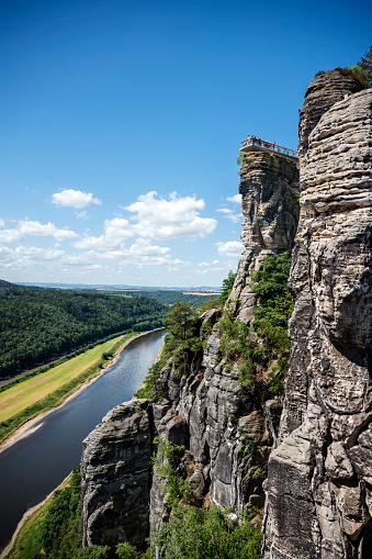 Saxon Switzerland with a view of the Elbe near Rathen.