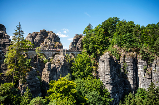 View of the Bastei Bridge in Saxon Switzerland, one of the most famous landmarks in the Elbe Sandstone Mountains.