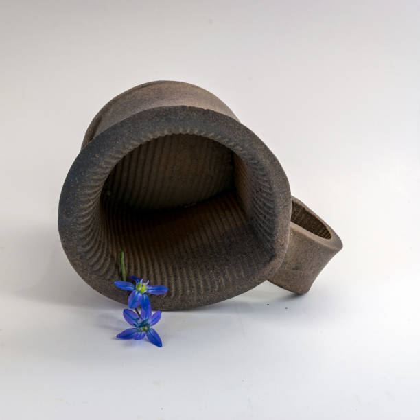 Variety of unfinished earthenware cups stand on a simple wooden shelving unit