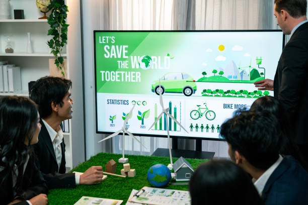 Businessman leader give presentation on eco-friendly implementation. Quaint