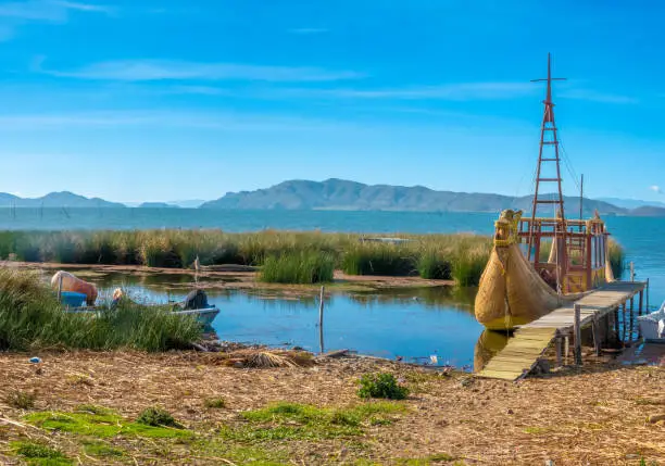 Photo of Traditional totora reed boats on Lake Titicaca, Bolivia. They are still built and used across the lake