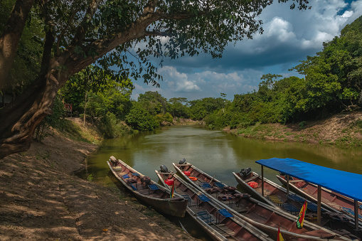 Expedition canoes on the  Yacuma river, Santa Rosa de Yacuma Protected Park, Rurrenabaque, Beni, Bolivia