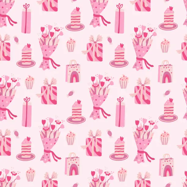 Vector illustration of Seamless pattern with  bouquets of flowers, birthday cakes, gift boxes, presents and sweets. Hand drawn flat vector illustration on pink background. Great for celebration, party and birthday theme