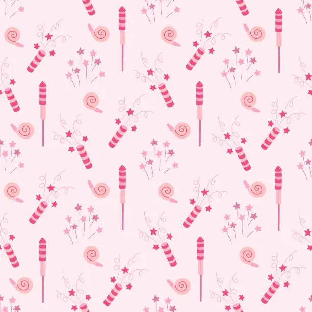 Vector illustration of Seamless pattern with petards, firecrackers, birthday whistles and firework with stars. Hand drawn flat vector illustration on pink background. Great for celebration, party and birthday theme