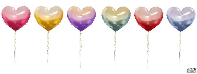 Set of realistic vector gradient colorful heart balloons isolated on white background. Helium heart balloons clipart for anniversary, birthday, wedding, party. 3D vector illustration.