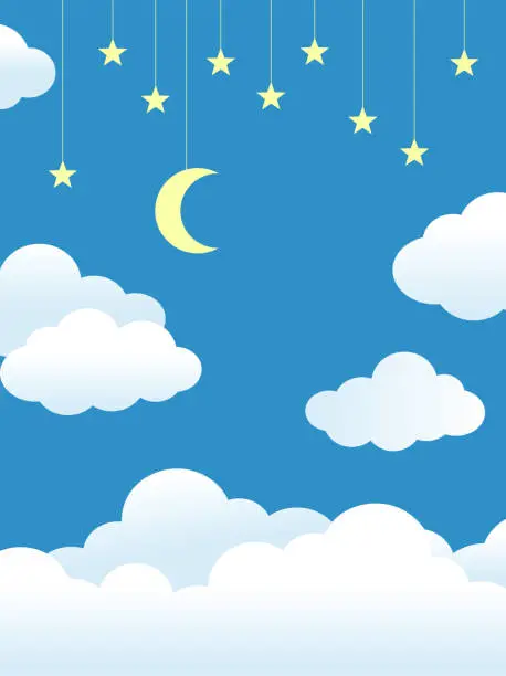 Vector illustration of Night Sky Clouds Stars Moon on String. Blue background