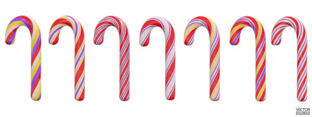 Vector illustration of Sweet caramel candy Christmas cane isolated on white background. Red, yellow, purple Striped mint lollipop in christmas colors. 3d vector illustration.