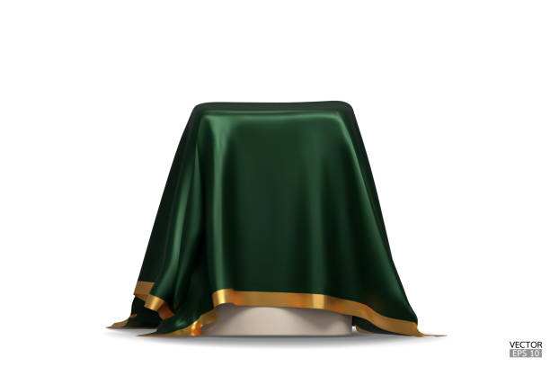 istock The podium is covered with a piece of dark green silk with gold stripes. Realistic box covered with green cloth. Podium for product, cosmetic presentation. Creative mock up. 3d vector illustration. 1997856431
