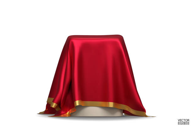 istock The podium is covered with a piece of red silk with gold stripes. Realistic box covered with red cloth. Podium for product, cosmetic presentation. Creative mock up. 3d vector illustration. 1997856795
