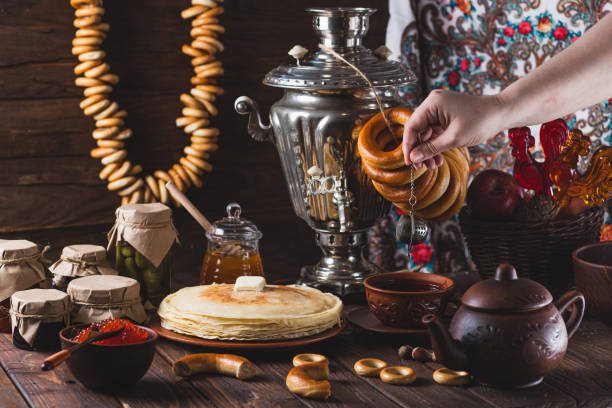 istock Tea party with pancakes, samovar tea and pickles 1997869026