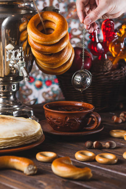 istock Tea party with pancakes, samovar tea and pickles 1997870113