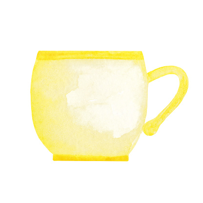 A watercolour illustration with a yellow cup. Cute element for design and decoration. Tea, coffee. Template for prints, stickers, cards, booklets. Isolated on white background. Hand drawn mug.
