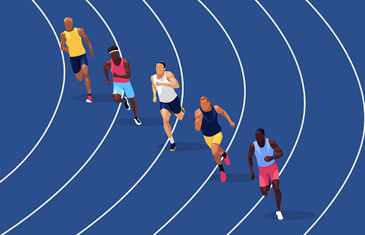Runners. Group of people of different ethnicities and races compiting together. High end illustration. Flat design.