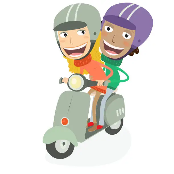Vector illustration of Blonde girl and funny boy driving a scooter.