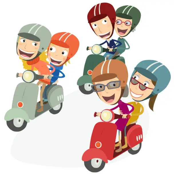 Vector illustration of Family driving scooters. Vector Illustration.