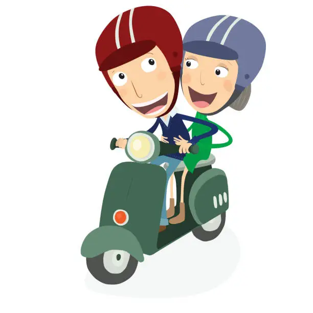 Vector illustration of Man and woman driving a scooter.