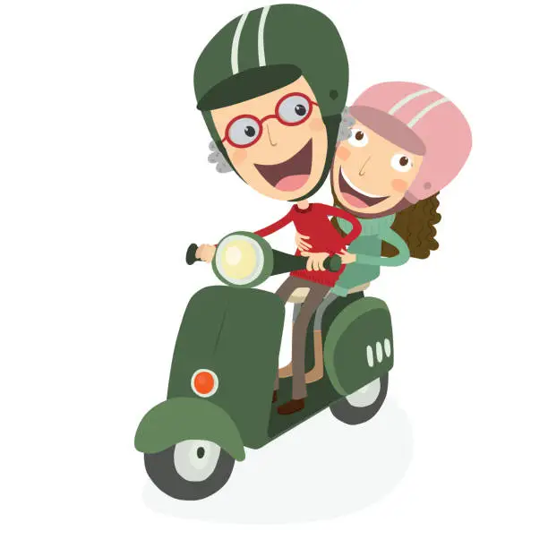 Vector illustration of Senior man and little girl driving a scooter.