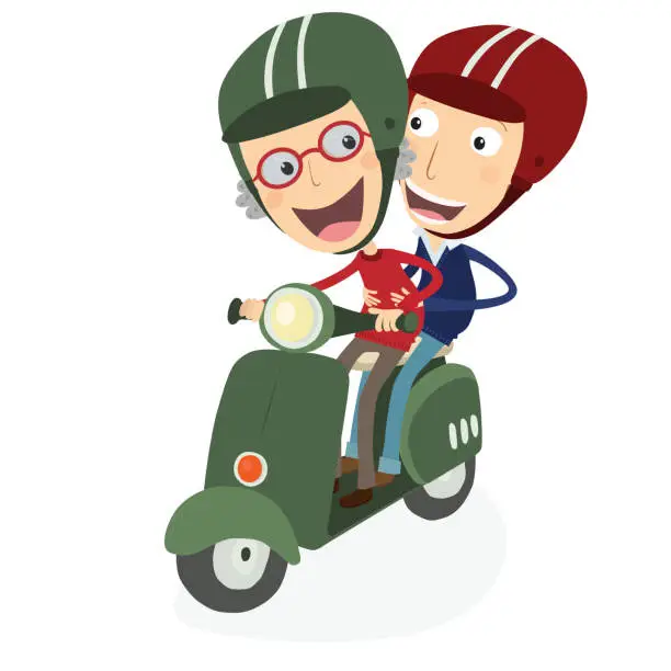 Vector illustration of Senior man and man driving a scooter.