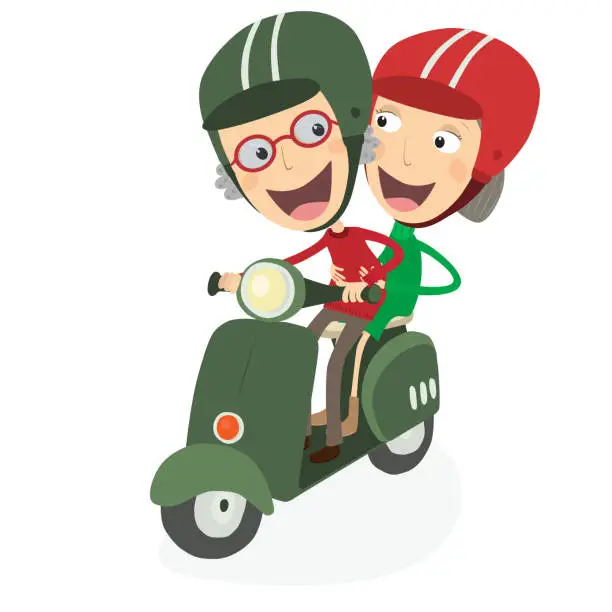 Vector illustration of Senior man and senior woman driving a scooter.