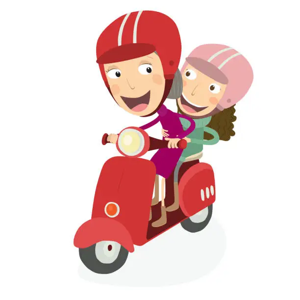 Vector illustration of Senior woman and little girl driving a scooter.