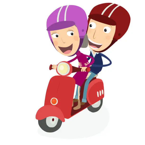 Vector illustration of Senior woman and man driving a scooter.