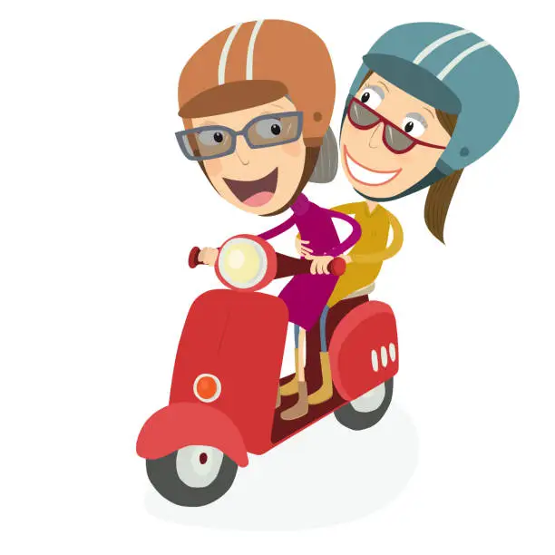 Vector illustration of Senior woman and woman driving a scooter.