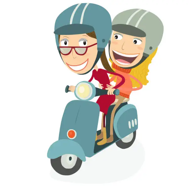 Vector illustration of Woman and blonde girl driving a scooter.
