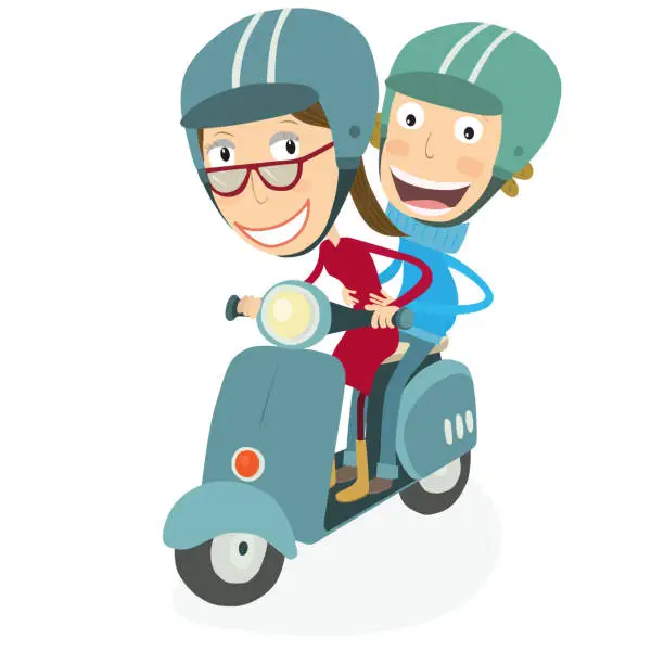 Vector illustration of Woman and boy driving a scooter.