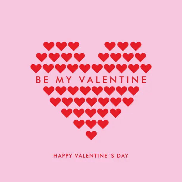 Vector illustration of Valentine`s day card with red hearts on pink background, square vector illustration