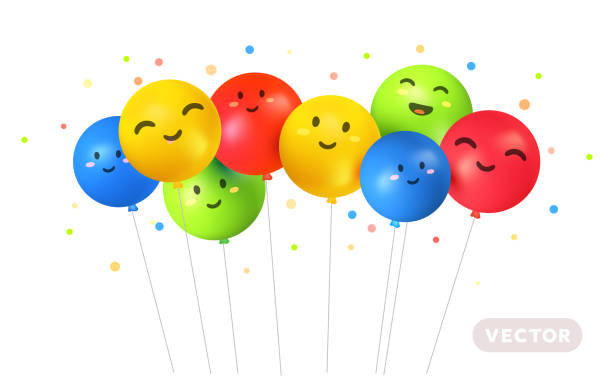 istock Vector happy birthday illustration with multicolored air helium balloon character with eye and mouth on white background. 3d realistic holiday design of kid flying ball with confetti 1997926640