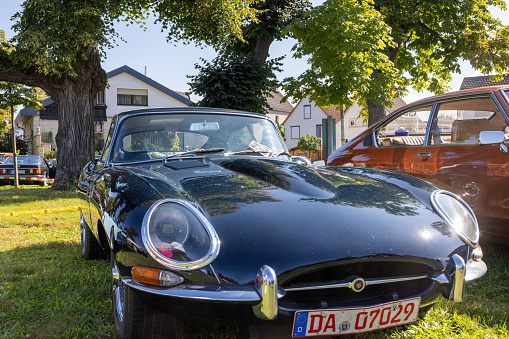 Weiterstadt, Germany September 24, 2023: Jaguar E-Type in black at Chromblitz in Weiterstadt at Braunshardt Castle