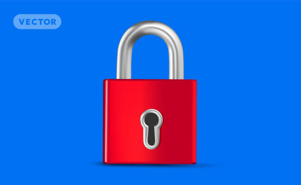 istock Vector illustration of red color closed lock on blue background. 3d style design of metallic shine padlock 1997931426