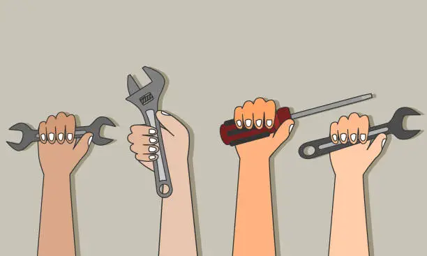 Vector illustration of Hands holding construction or mechanical tools. Vector illustration.