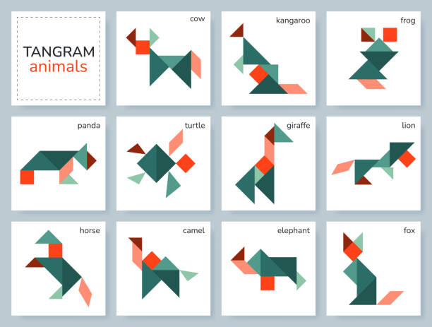 Tangram puzzle. Vector set with various animals. Tangram puzzle game for kids. Colorful geometric collection with isolated animals. Tangram various icons on white backdrop. Vector illustration chinese frog stock illustrations