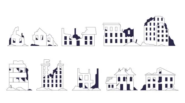 Vector illustration of Set of destroyed buildings and houses. Ruins of the city.