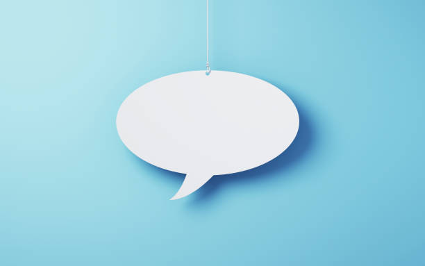 3d Render Blank Speech Bubble Hanging on a Rope on Blue Background, (Paper Clipping Path)