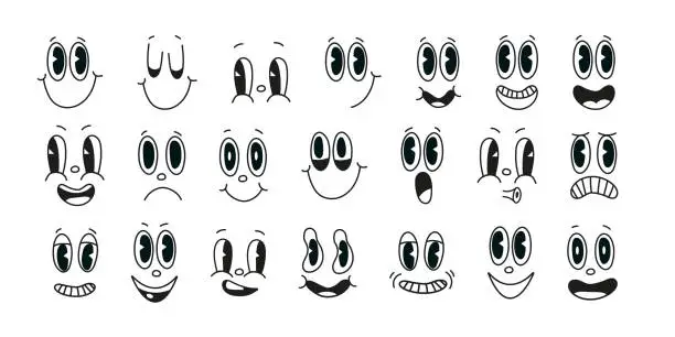 Vector illustration of Set of 70s groovy comic faces vector. Collection of cartoon character faces, in different emotions, happy, angry, sad, cheerful. Cute retro groovy hippie illustration for decorative, sticker.