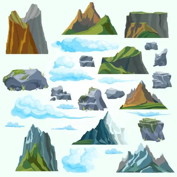 Vector illustration of flat set isolated mountains clouds stones different size shape vector illustration