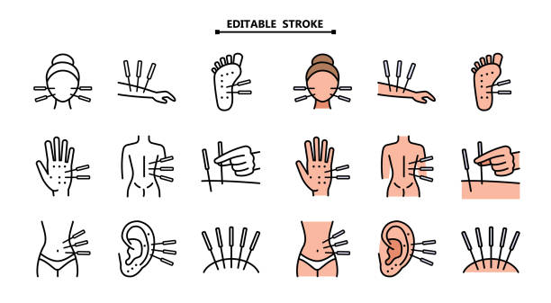 значки акупунктуры устанавливают контурный вектор. меридианное тело. живая точка тонкая линия цвет плоский на белом изолированный - physical therapy symbol massaging computer icon stock illustrations