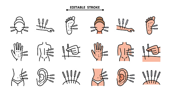 Acupuncture and needles vectors icons set. Editable stroke. Meridian body. Live point line color flat on white isolated on white.
