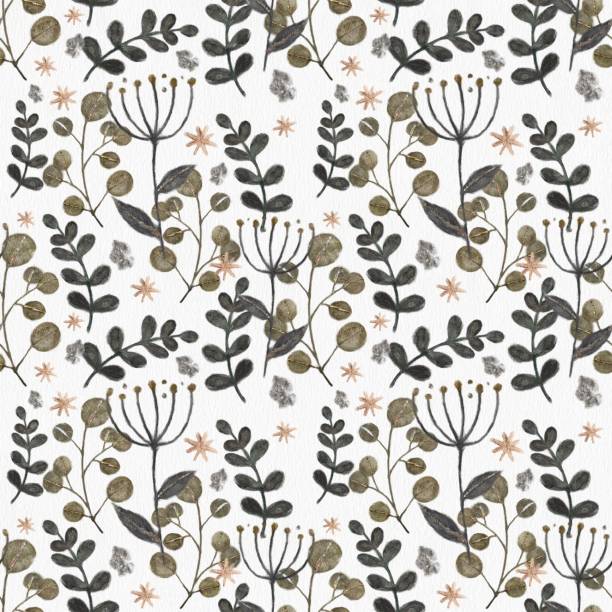 illustrations, cliparts, dessins animés et icônes de seamless watercolor floral pattern in gray and gold colors - autumn branch leaf backgrounds