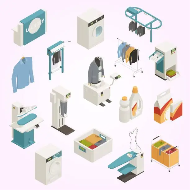 Vector illustration of laundry equipment isometric set
