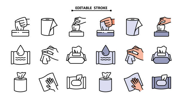 ilustraciones, imágenes clip art, dibujos animados e iconos de stock de iconos de servilletas. iconos de cajas de papel de seda. trazo editable. botón web de la interfaz de usuario de la interfaz de usuario de la interfaz de usuario. set de iconos de toallas textiles, húmedas y de papel - pañuelo de papel