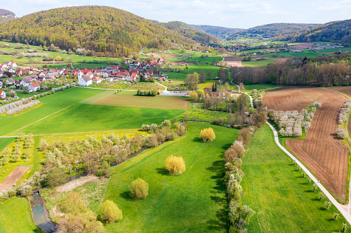Aerial view of the landscape of Upper Franconia/Germany in spring