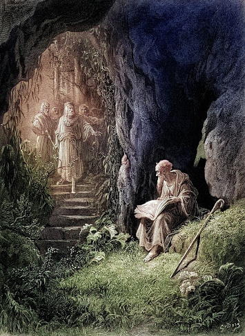 Vintage illustration Arthurian Legend, The Cave Scene, At last they found - his foragers for charms - A little glassy headed hairless man..  by Gustave Dore
