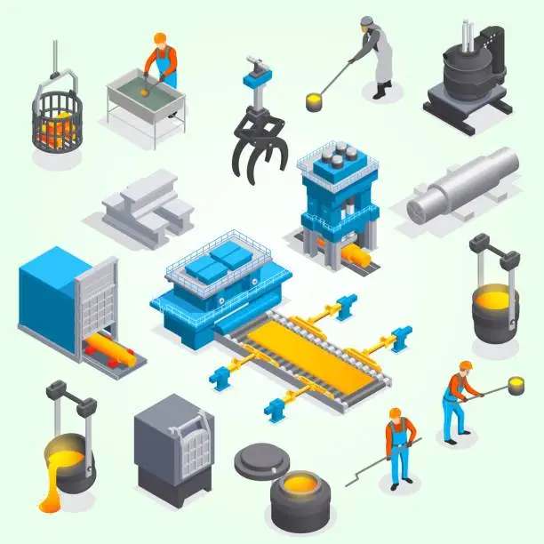 Vector illustration of metallurgy foundry industry isometric set with sixteen isolated icons plant facilities factory equip